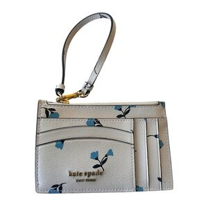 Kate Spade Key Ring Slim Wallet Wristlet in White with Blue Flowers
